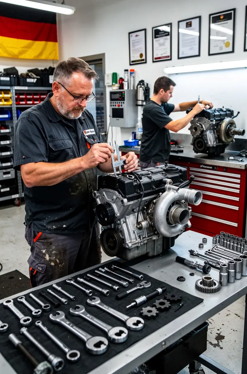 Modern ausgestattete Werkstatt zeigt verschiedene Motorenteile zur Überholung
