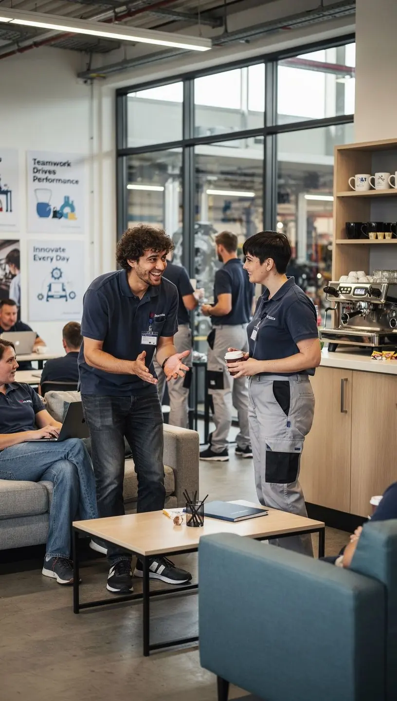 Team bespricht Optimierungsstrategien für Motoren in deutschem Reparaturzentrum