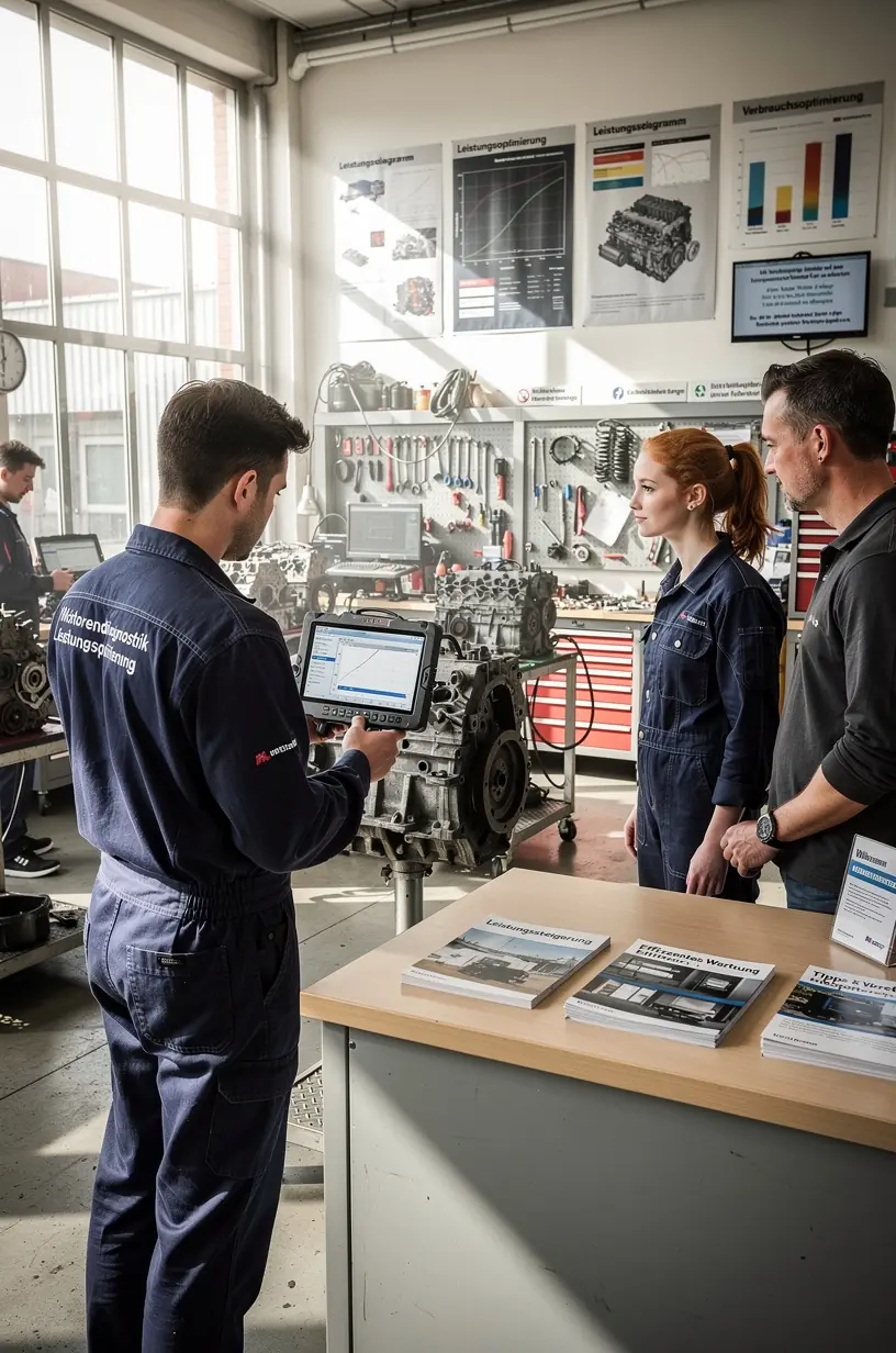 Techniker analysiert Motorsteuerung zur Leistungsoptimierung im Diagnosezentrum